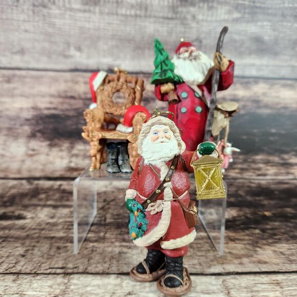 Set 3 Rustic Woodland Santa Ornaments Hallmark Christmas Collectors Folk Art - Picture 4 of 16